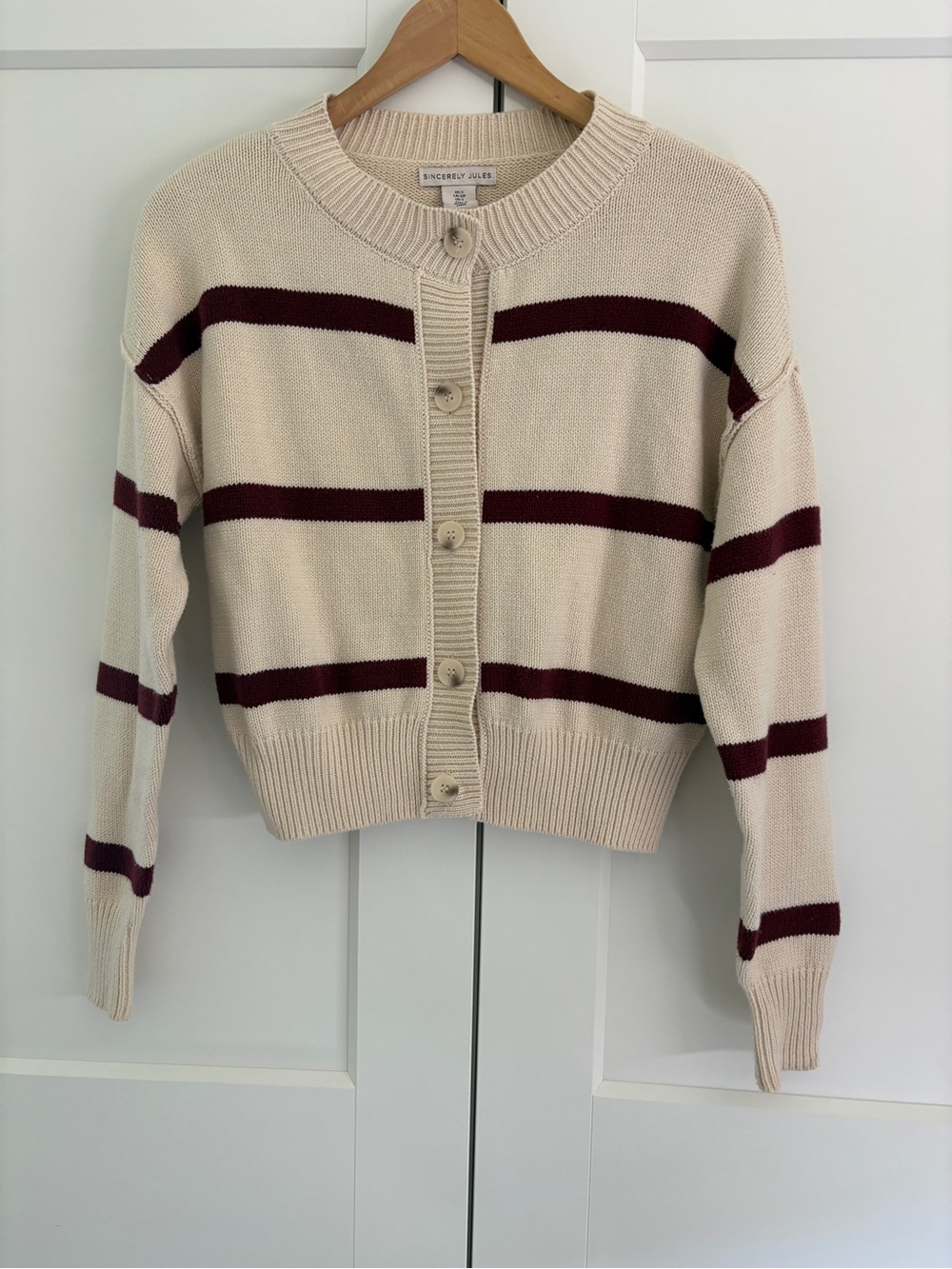 Sincerely Jules Cream Cardigan with Burgundy Stripes